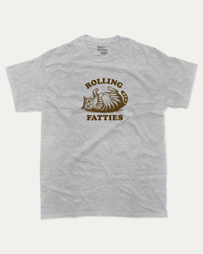 Rolling Fatties graphic t-shirt, perfect for adults. Funny cat graphic tee, trending meme shirt, unique gift idea. Heather Grey.