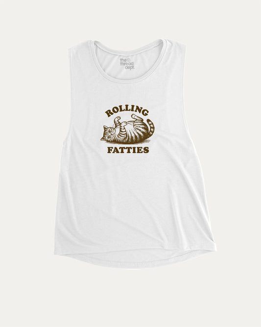 Rolling Fatties aesthetic women's muscle tank with retro graphic, perfect for confident women. A must-have strong and stylish tank, ideal for workouts or everyday looks. White muscle top