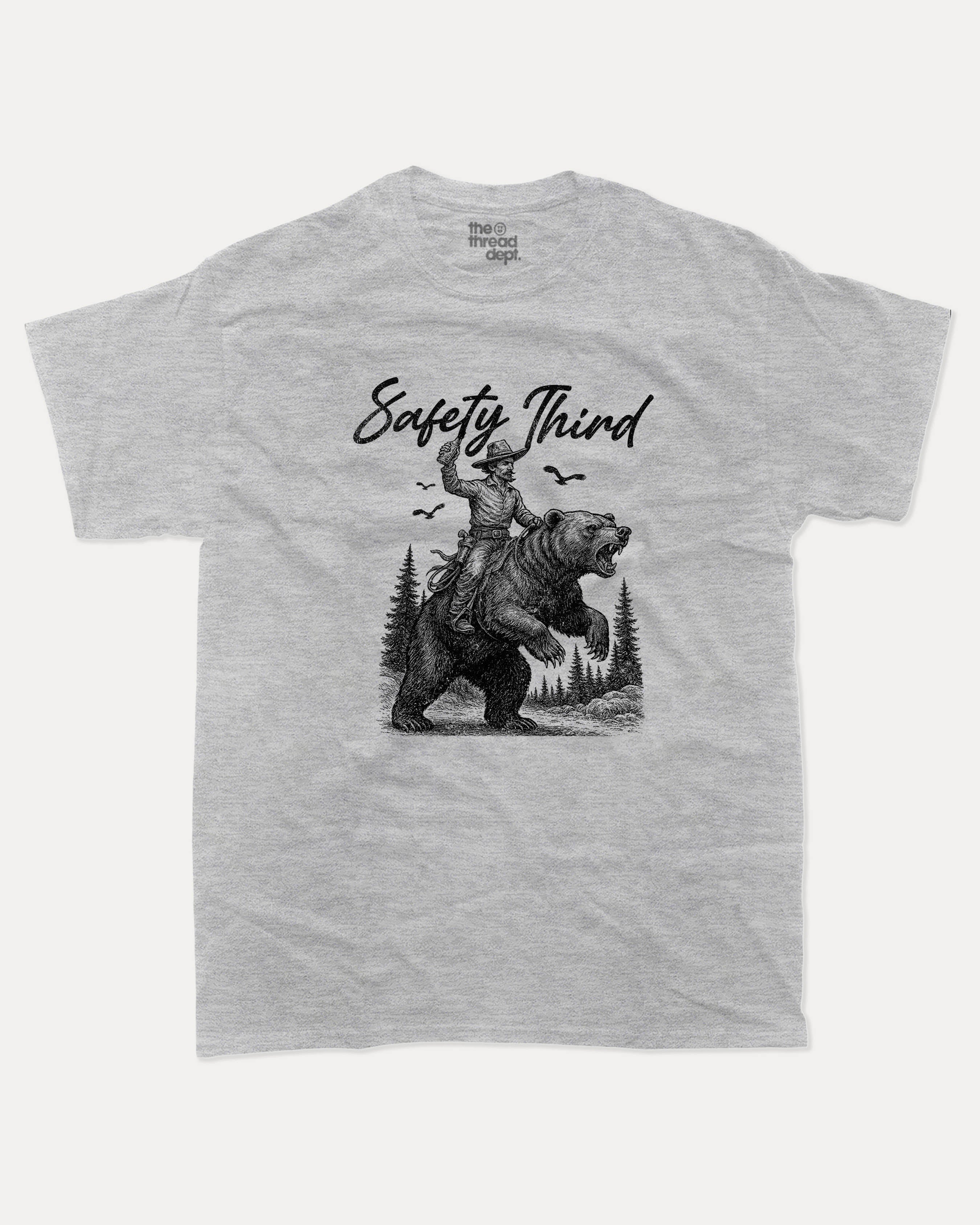 Safety Third graphic tee with bold and humorous print, Funny Masculine Graphic Tee, Cowboy T shirt, Tough Cowboy Graphic T shirt, funny and trendy graphic. Perfect for adults and gift-giving. Heather Grey shirt.