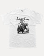Safety Third graphic tee with bold and humorous print, Funny Masculine Graphic Tee, Cowboy T shirt, Tough Cowboy Graphic T shirt, funny and trendy graphic. Perfect for adults and gift-giving. White shirt.