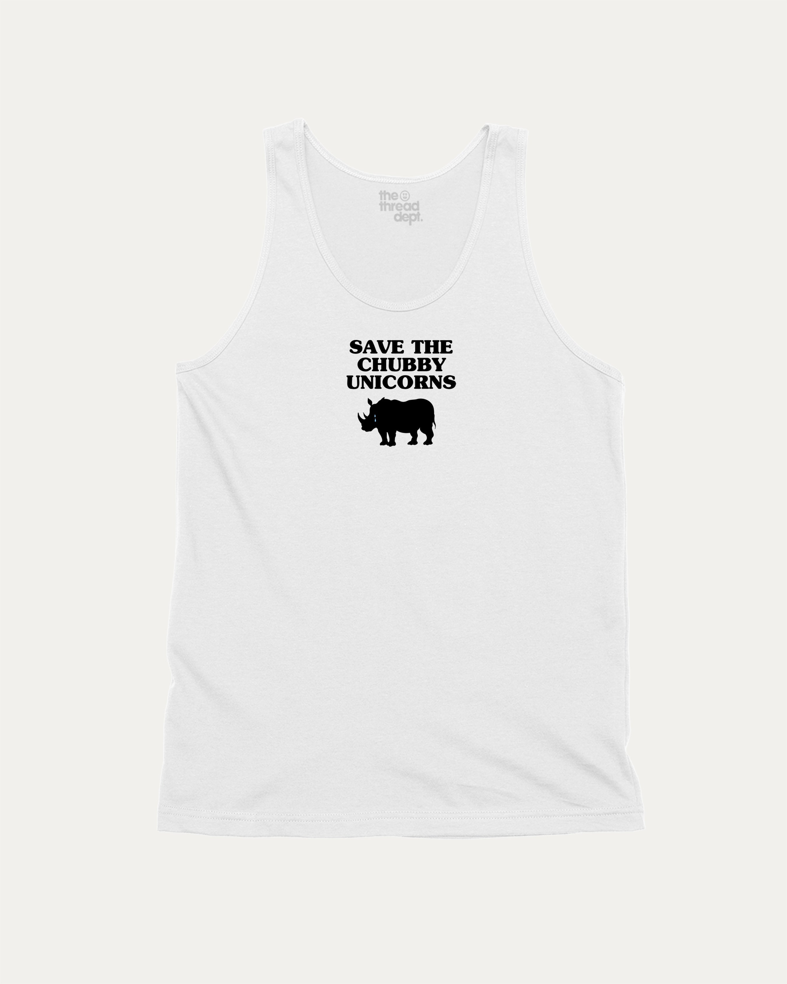 Save The Chubby Unicorns men’s graphic tank top with bold and funny design, breathable style for summer or gym. Great gift for guys. White tank top.