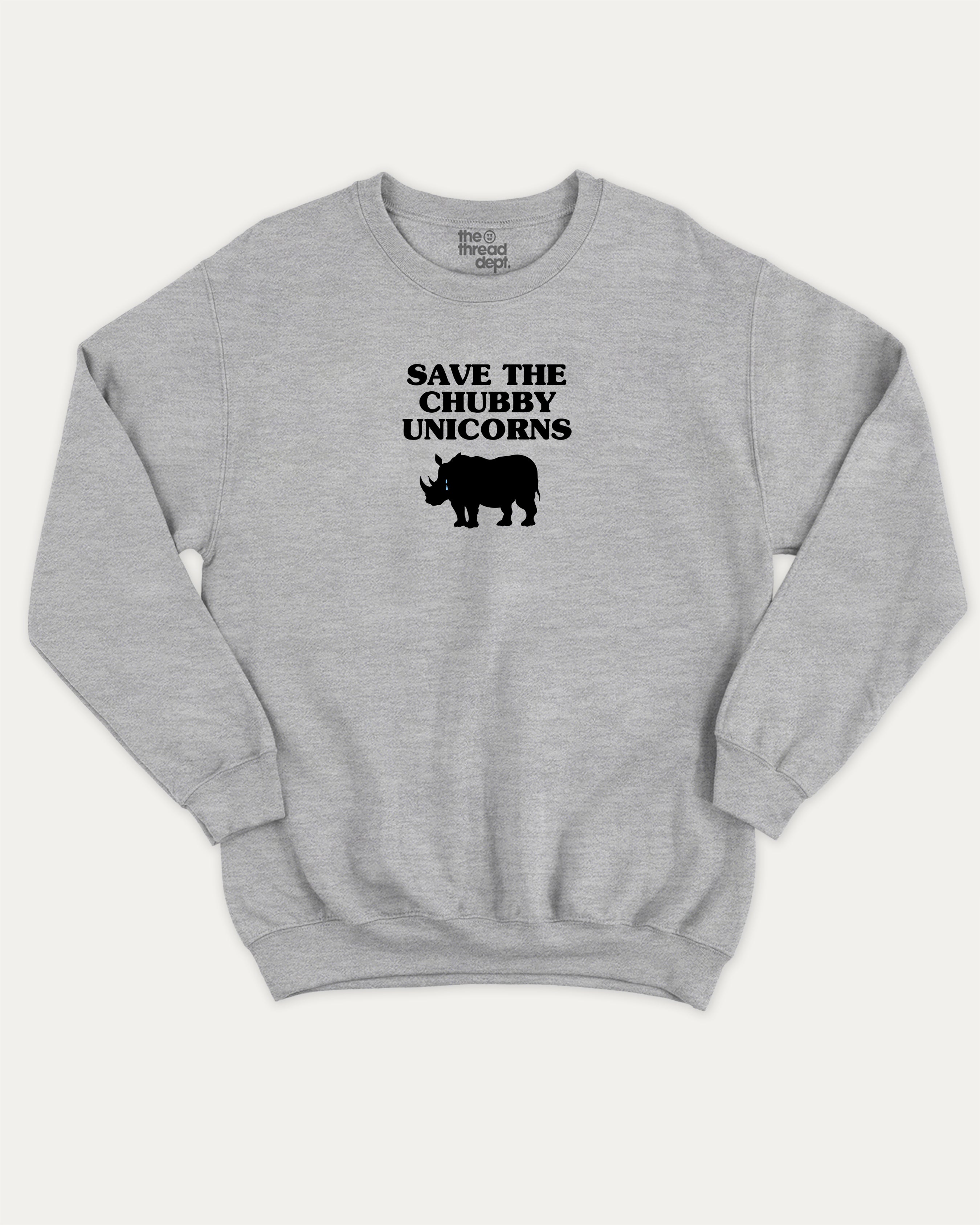 Save The Chubby Unicorns graphic sweatshirt with bold and humorous print, Funny Animal Graphic T shirt, Animal pun Tee, warm and cozy graphic for everyday wear. Perfect for adults and gift-giving. Heather Grey pullover.