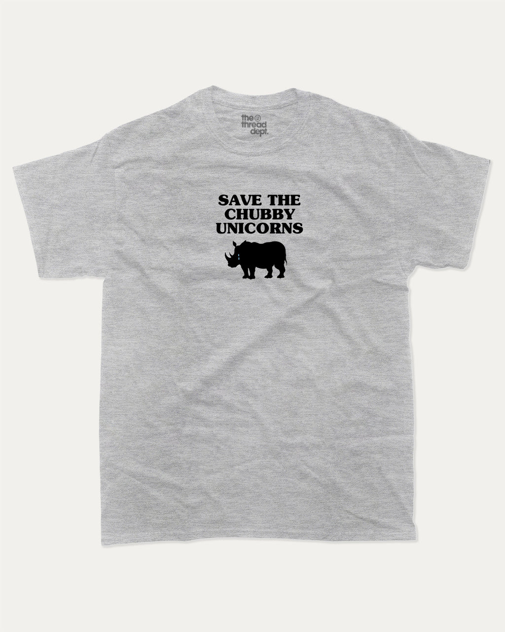 Save The Chubby Unicorns graphic tee with bold and humorous print, Funny Animal Graphic T shirt, Animal pun Tee, funny and trendy graphic. Perfect for adults and gift-giving. Heather Grey shirt.