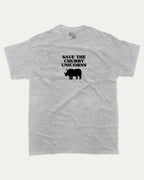 Save The Chubby Unicorns graphic tee with bold and humorous print, Funny Animal Graphic T shirt, Animal pun Tee, funny and trendy graphic. Perfect for adults and gift-giving. Heather Grey shirt.
