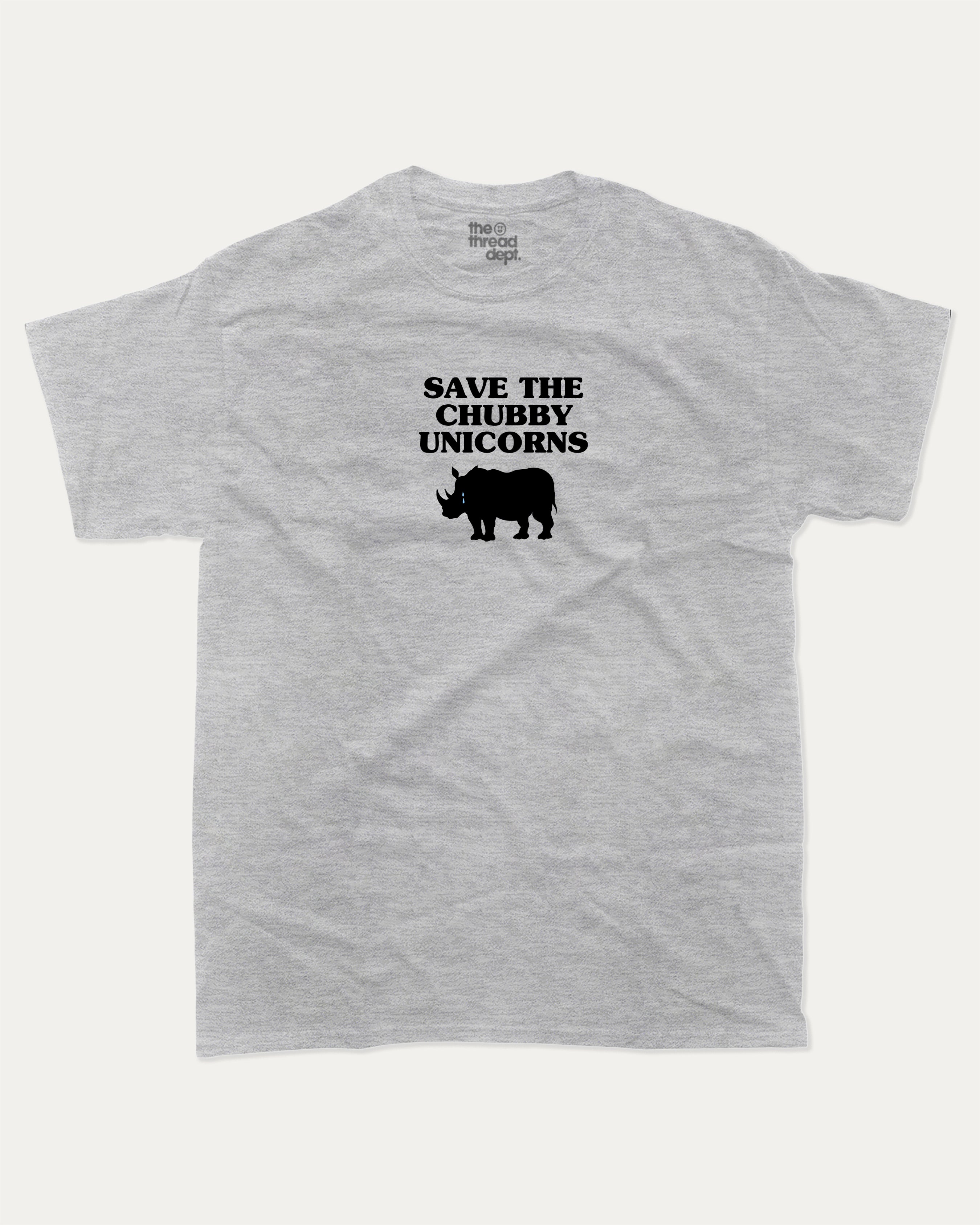 Save The Chubby Unicorns graphic tee with bold and humorous print, Funny Animal Graphic T shirt, Animal pun Tee, funny and trendy graphic. Perfect for adults and gift-giving. Heather Grey shirt.