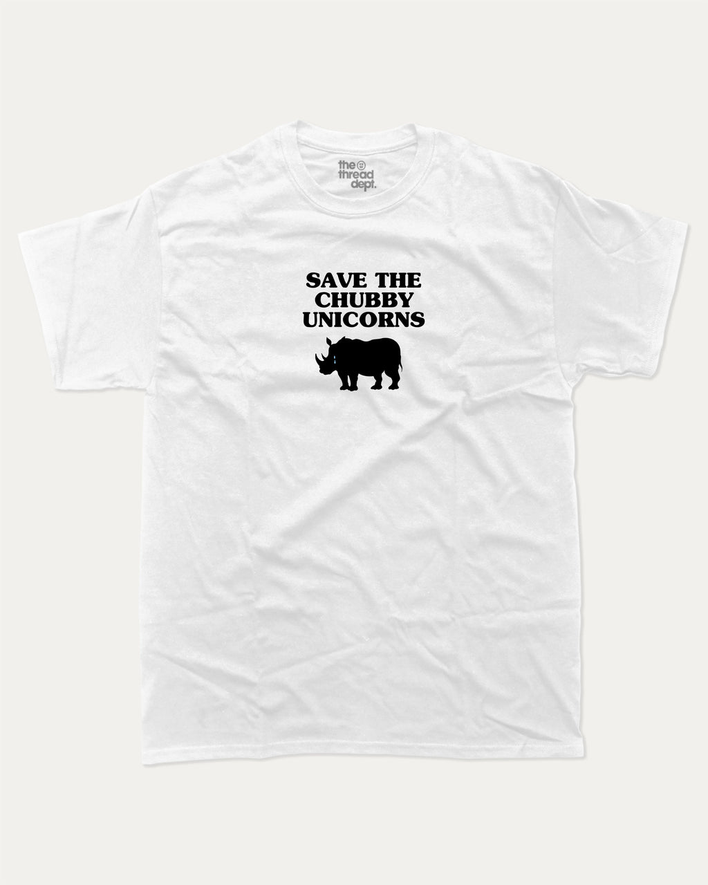 Save The Chubby Unicorns graphic tee with bold and humorous print, Funny Animal Graphic T shirt, Animal pun Tee, funny and trendy graphic. Perfect for adults and gift-giving. White shirt.