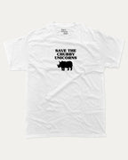 Save The Chubby Unicorns graphic tee with bold and humorous print, Funny Animal Graphic T shirt, Animal pun Tee, funny and trendy graphic. Perfect for adults and gift-giving. White shirt.