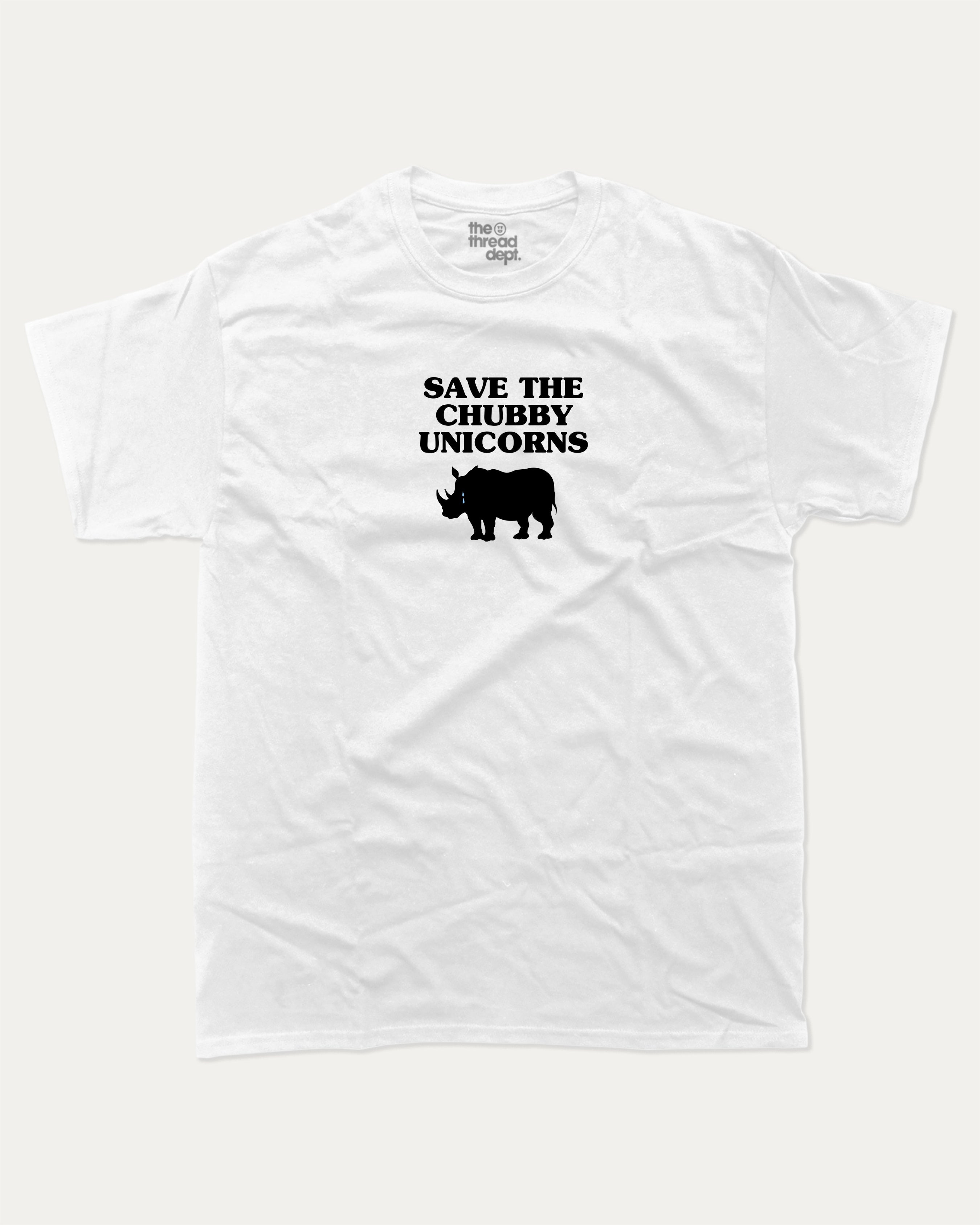 Save The Chubby Unicorns graphic tee with bold and humorous print, Funny Animal Graphic T shirt, Animal pun Tee, funny and trendy graphic. Perfect for adults and gift-giving. White shirt.