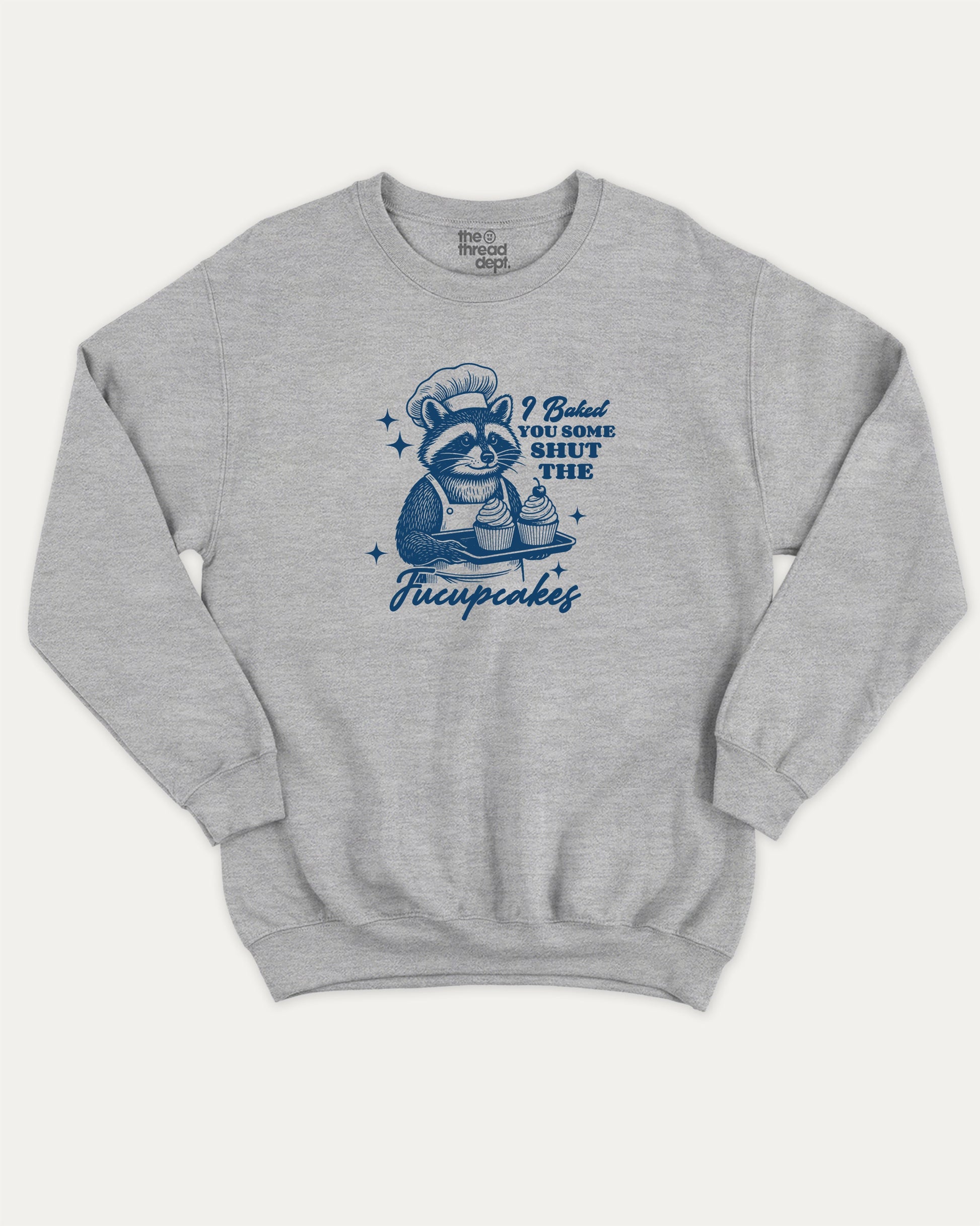 Shut The Fucupcakes Racoon pullover sweatshirt, Funny Animal Graphic T shirt, Humorous Animal T shirt, Cute Animal Graphic T shirt, A must-have graphic pullover, comfy cold-weather wear, bold casual look. Heather Grey sweater