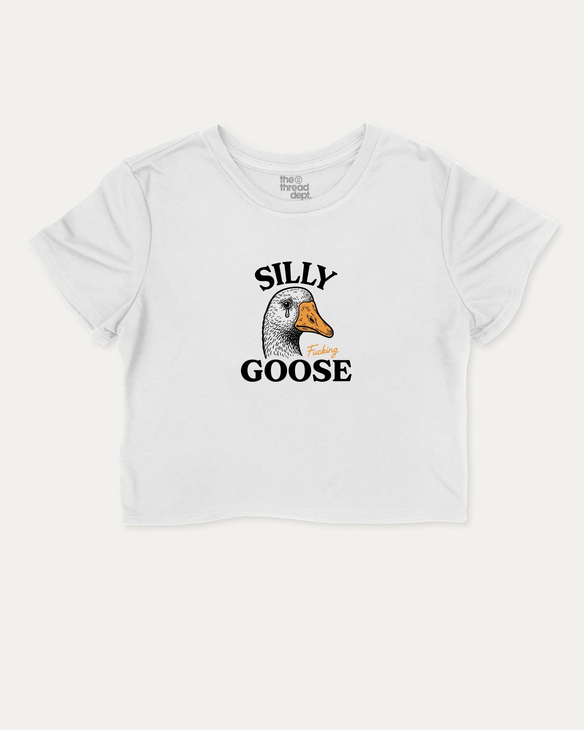 Silly Fucking Goose graphic crop tee with funny and trendy slogan print, perfect for women’s casual looks or layering. Funny Animal Graphic cropped tee, Funny Goose Graphic Crop Tee,  White crop t-shirt.