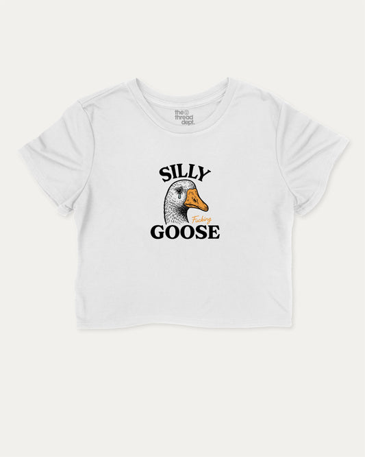 Silly Fucking Goose graphic crop tee with funny and trendy slogan print, perfect for women’s casual looks or layering. Funny Animal Graphic cropped tee, Funny Goose Graphic Crop Tee,  White crop t-shirt.