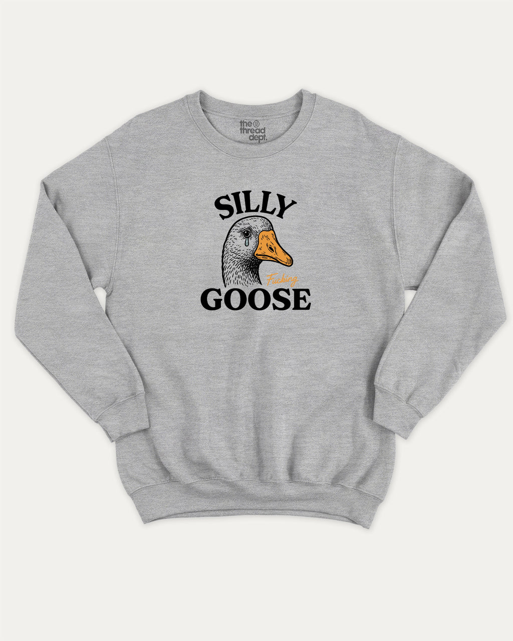 Silly Fucking Goose graphic sweatshirt with bold and humorous print, warm and cozy graphic for everyday wear. Funny Animal Graphic Sweatshirt, Funny Goose Graphic Pull Over,  Perfect for adults and gift-giving. Heather Grey pullover.