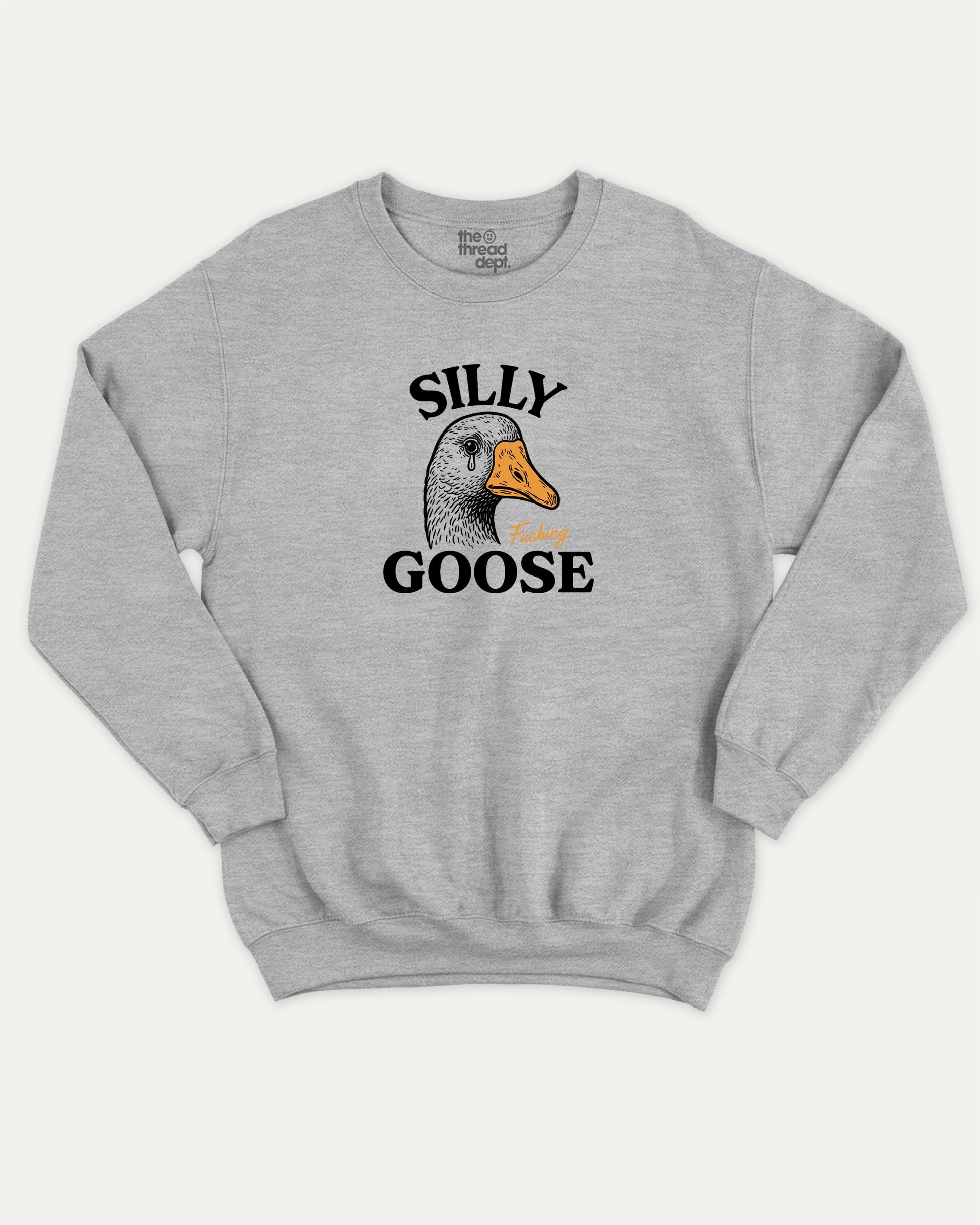 Silly Fucking Goose graphic sweatshirt with bold and humorous print, warm and cozy graphic for everyday wear. Funny Animal Graphic Sweatshirt, Funny Goose Graphic Pull Over,  Perfect for adults and gift-giving. Heather Grey pullover.