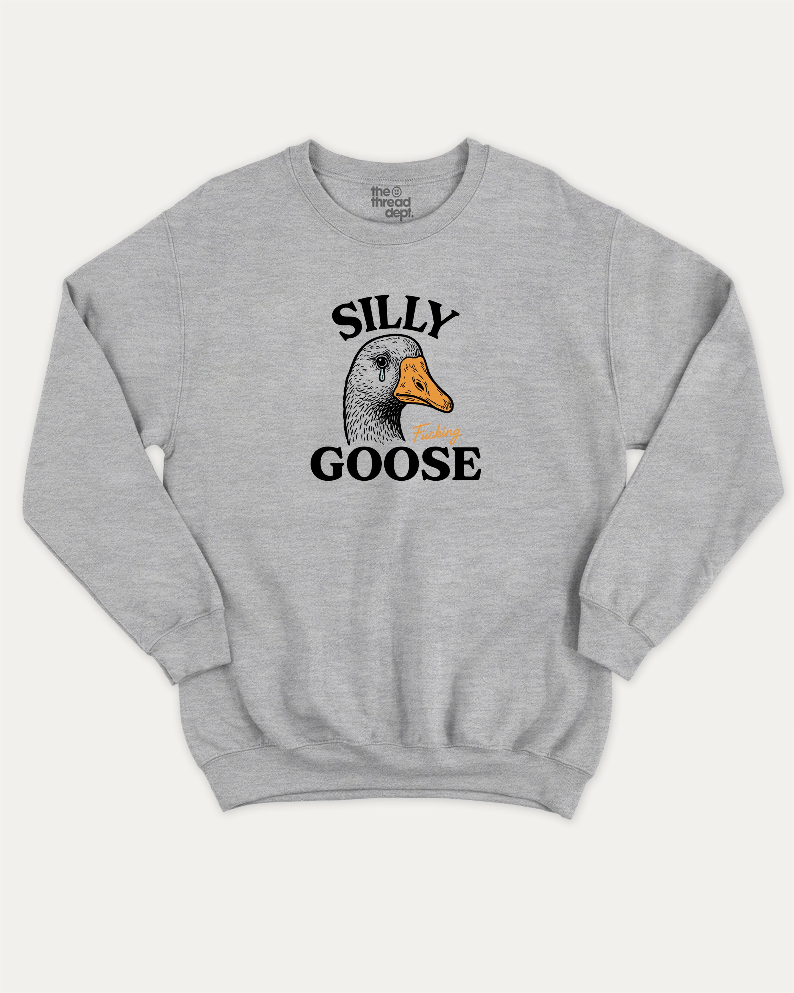 Silly Fucking Goose graphic sweatshirt with bold and humorous print, warm and cozy graphic for everyday wear. Funny Animal Graphic Sweatshirt, Funny Goose Graphic Pull Over,  Perfect for adults and gift-giving. Heather Grey pullover.