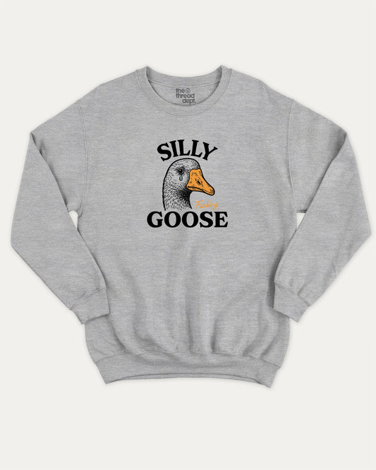 Silly Fucking Goose graphic sweatshirt with bold and humorous print, warm and cozy graphic for everyday wear. Funny Animal Graphic Sweatshirt, Funny Goose Graphic Pull Over,  Perfect for adults and gift-giving. Heather Grey pullover.