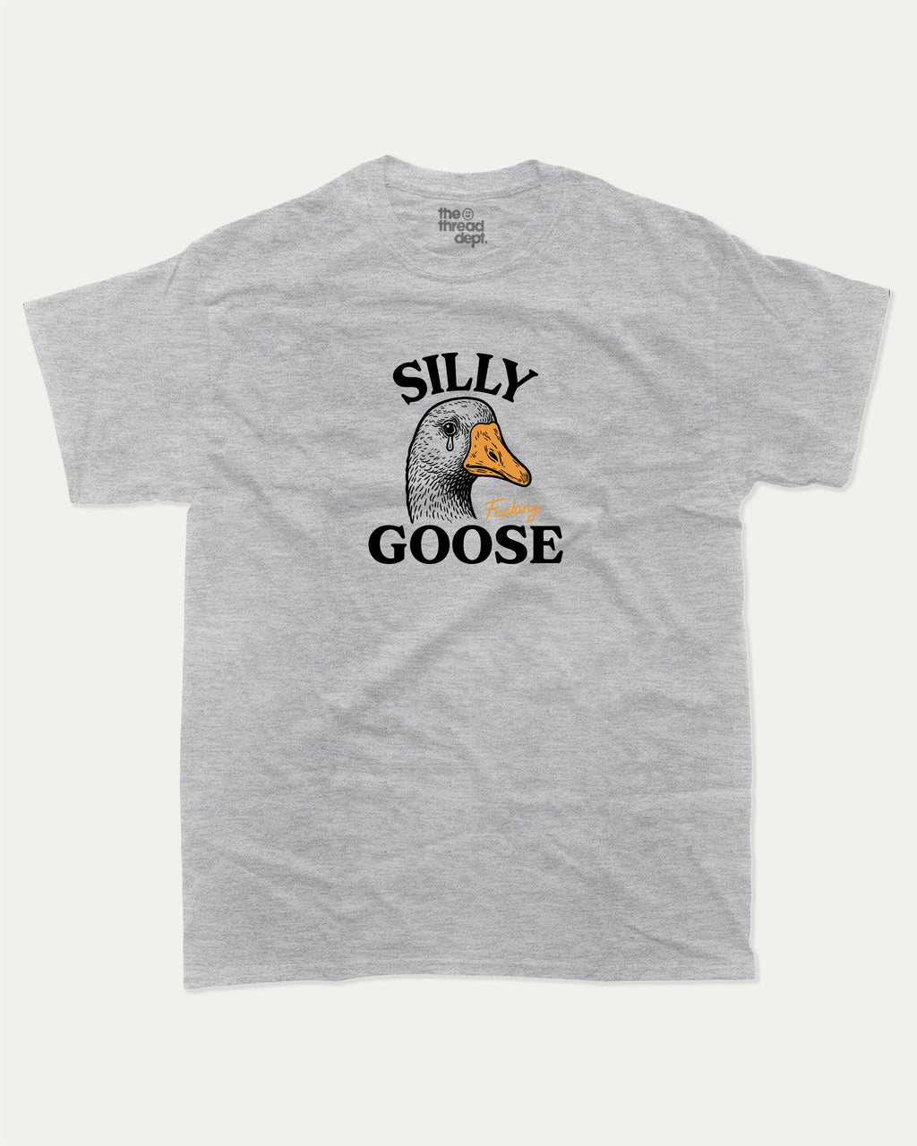 Silly Fucking Goose graphic tee with bold and humorous print, funny and trendy graphic. Funny Animal Graphic T shirt, Funny Goose T shirt,  Perfect for adults and gift-giving. Heather Grey shirt.