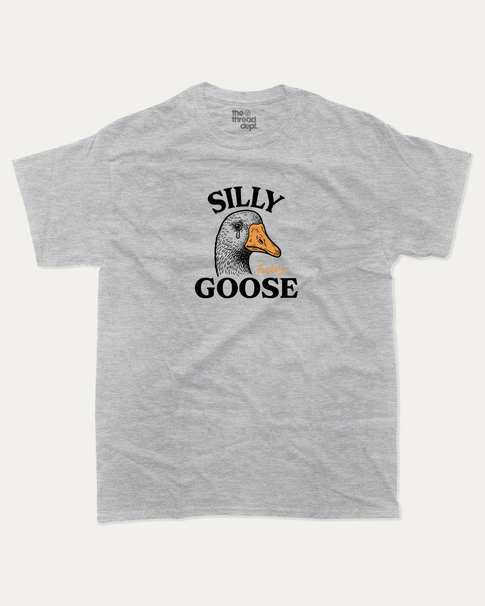 Silly Fucking Goose graphic tee with bold and humorous print, funny and trendy graphic. Funny Animal Graphic T shirt, Funny Goose T shirt,  Perfect for adults and gift-giving. Heather Grey shirt.