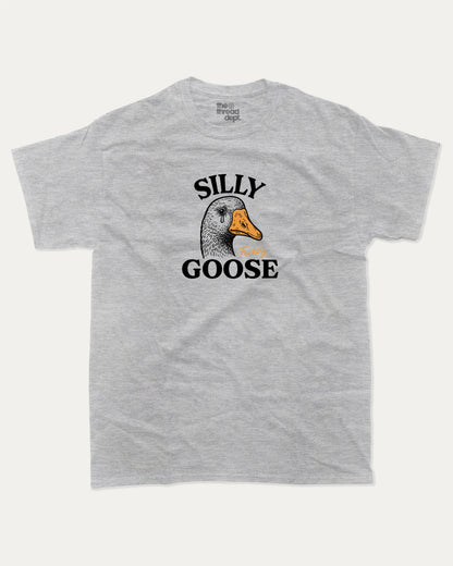 Silly Fucking Goose graphic tee with bold and humorous print, funny and trendy graphic. Funny Animal Graphic T shirt, Funny Goose T shirt,  Perfect for adults and gift-giving. Heather Grey shirt.