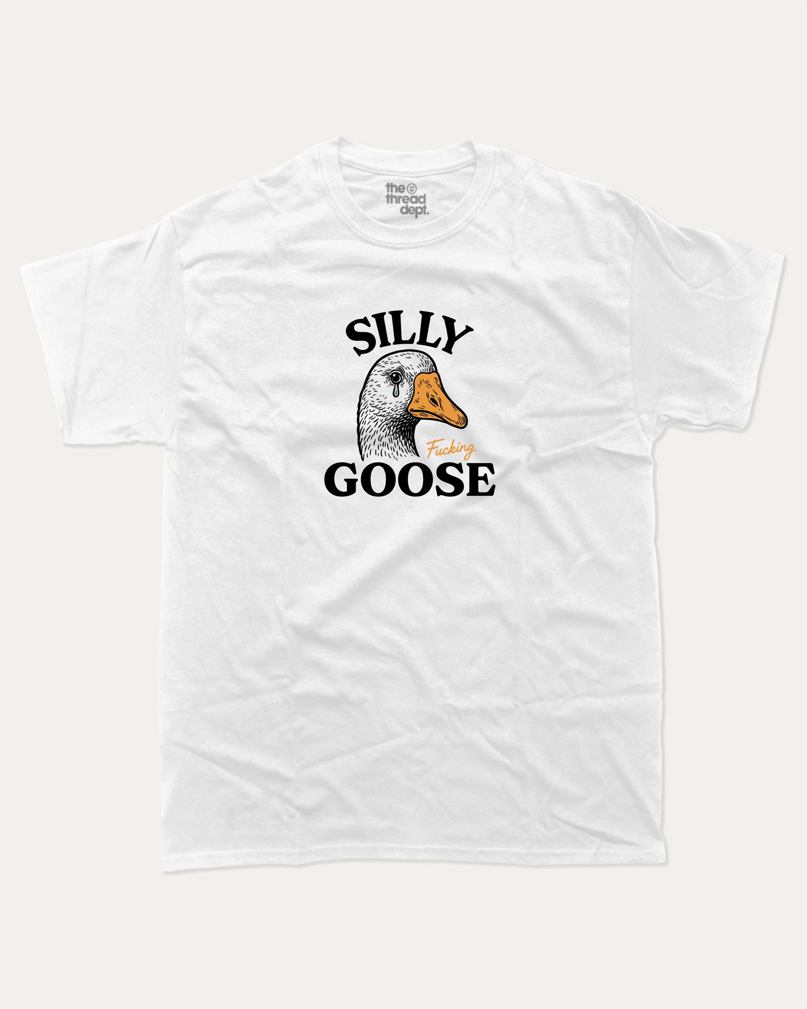 Silly Fucking Goose graphic tee with bold and humorous print, funny and trendy graphic. Funny Animal Graphic T shirt, Funny Goose T shirt,  Perfect for adults and gift-giving. White shirt.
