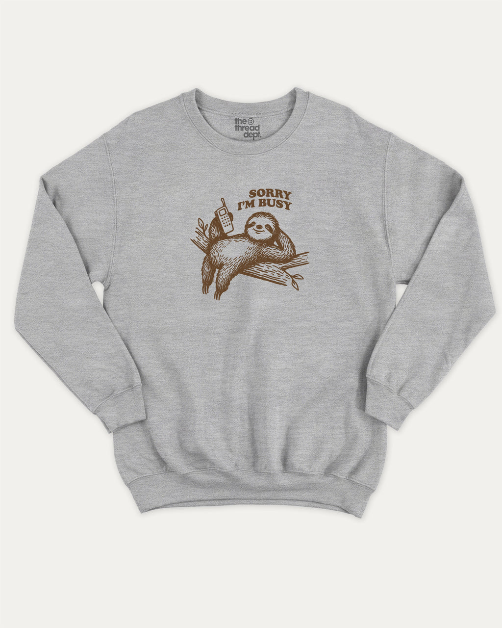 Sorry I'm Busy graphic sweatshirt with funny sloth print, warm and cozy graphic for everyday wear. Perfect for adults and gift-giving. Heather Grey pullover.
