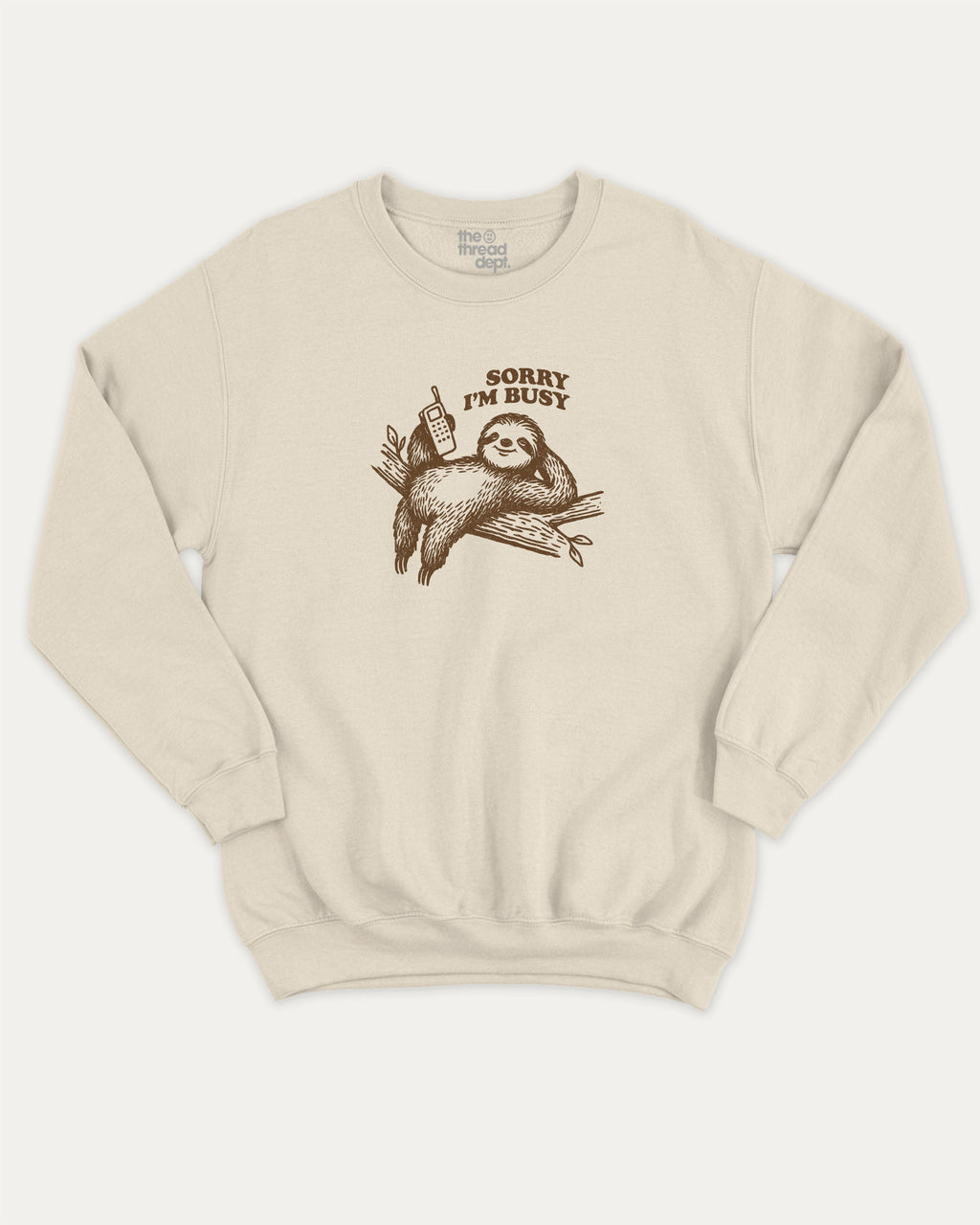 Sorry I'm Busy graphic sweatshirt with funny sloth print, warm and cozy graphic for everyday wear. Perfect for adults and gift-giving. Natural pullover.