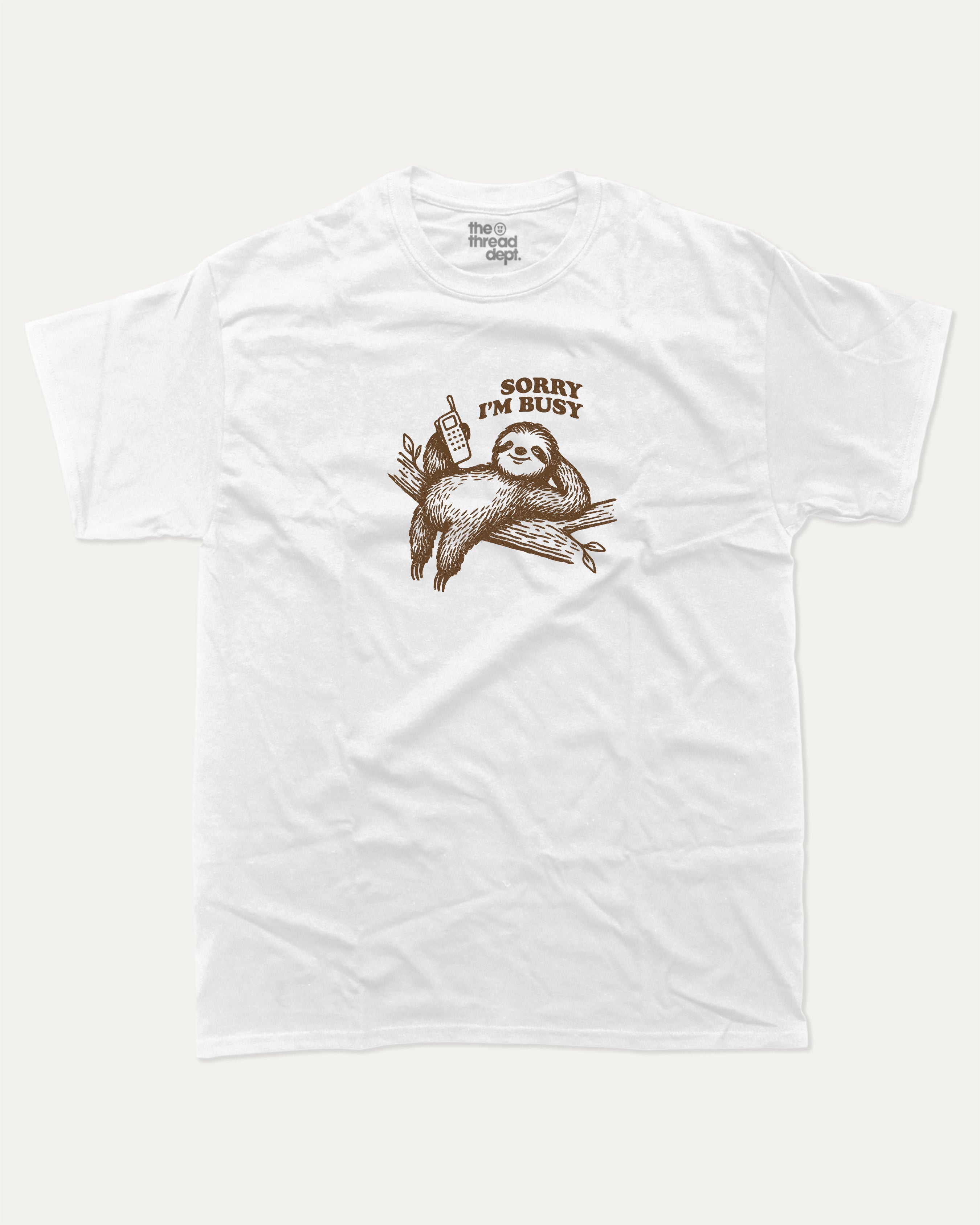Sorry I'm Busy graphic tee with funny sloth print, funny and trendy graphic. Perfect for adults and gift-giving. White shirt.