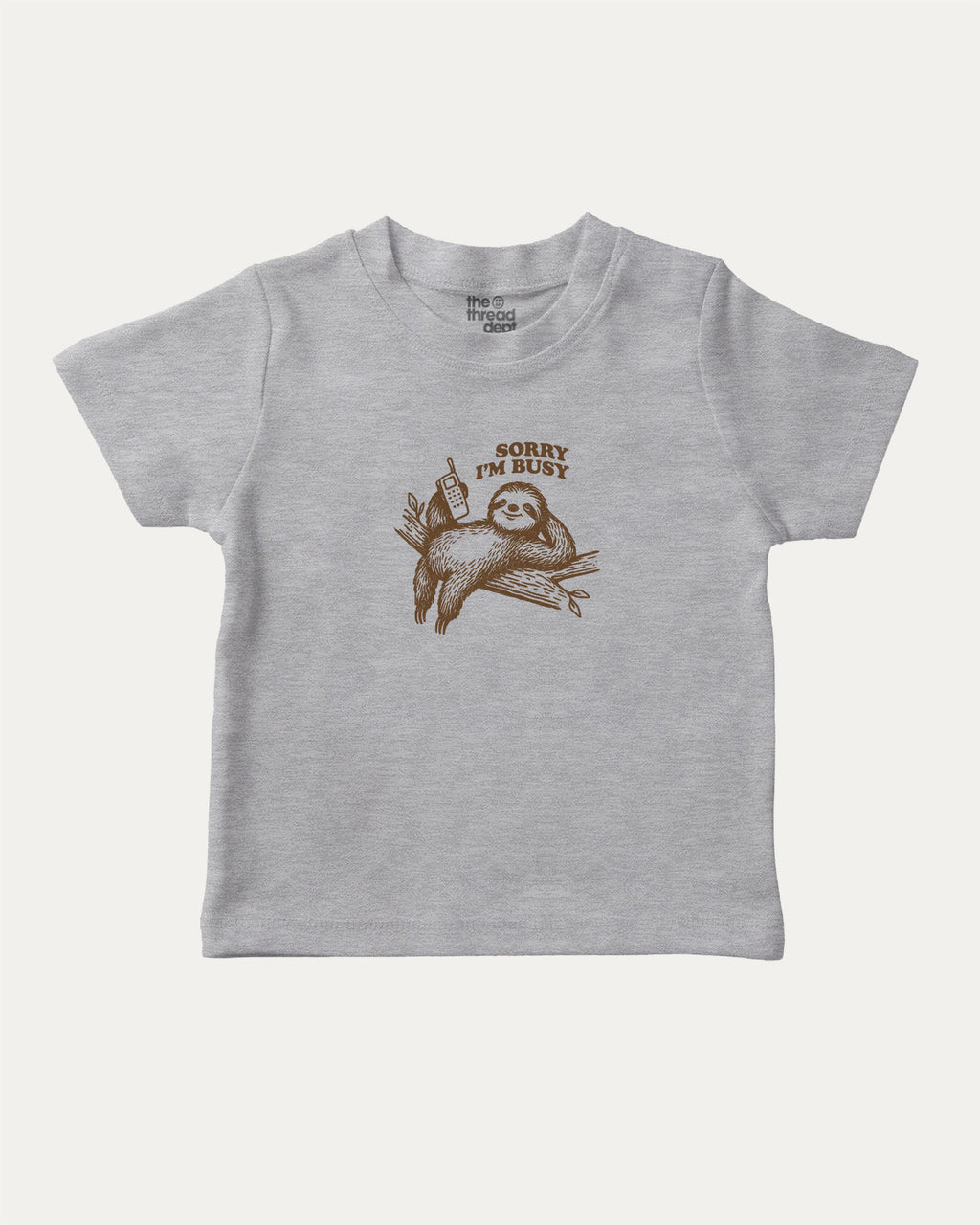Sorry I'm Busy graphic tee with funny sloth print, funny and trendy graphic. Perfect for adults and gift-giving. Heather Grey shirt.