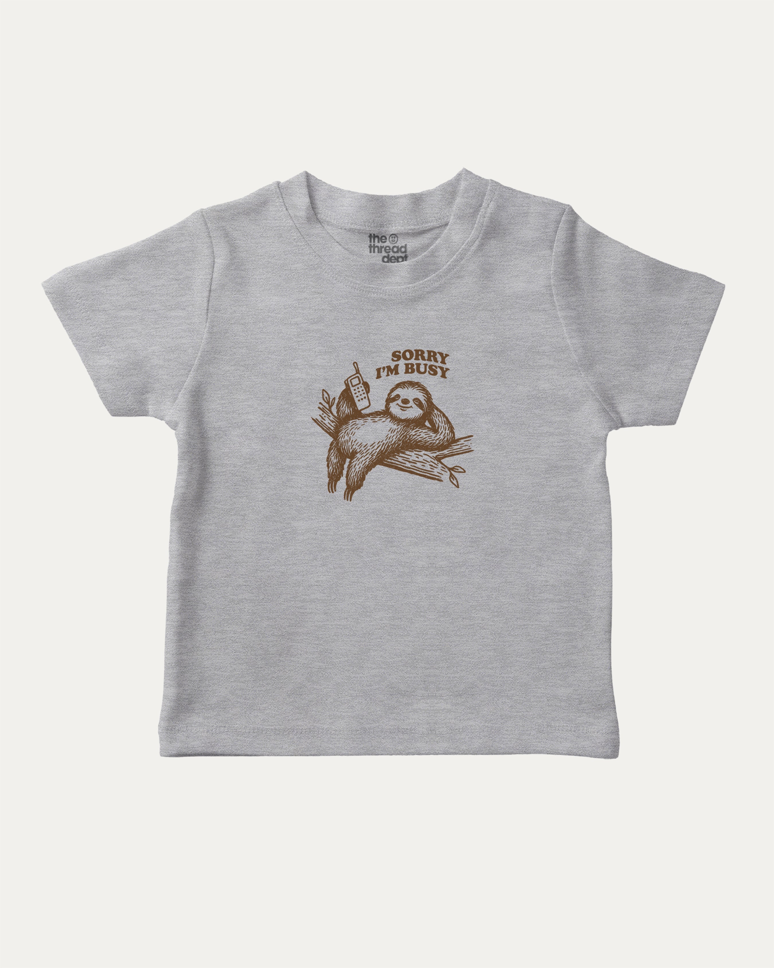 Sorry I'm Busy graphic tee with funny sloth print, funny and trendy graphic. Perfect for adults and gift-giving. Heather Grey shirt.