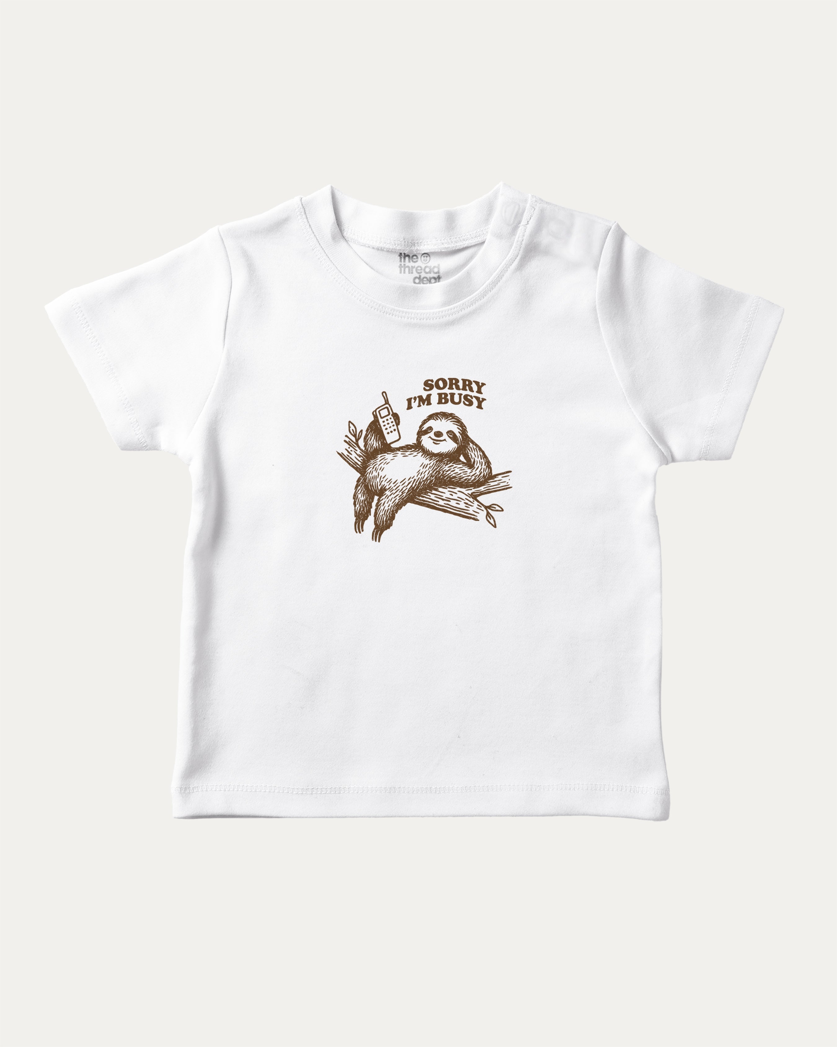 Sorry I'm Busy graphic tee with funny sloth print, funny and trendy graphic. Perfect for adults and gift-giving. White shirt.