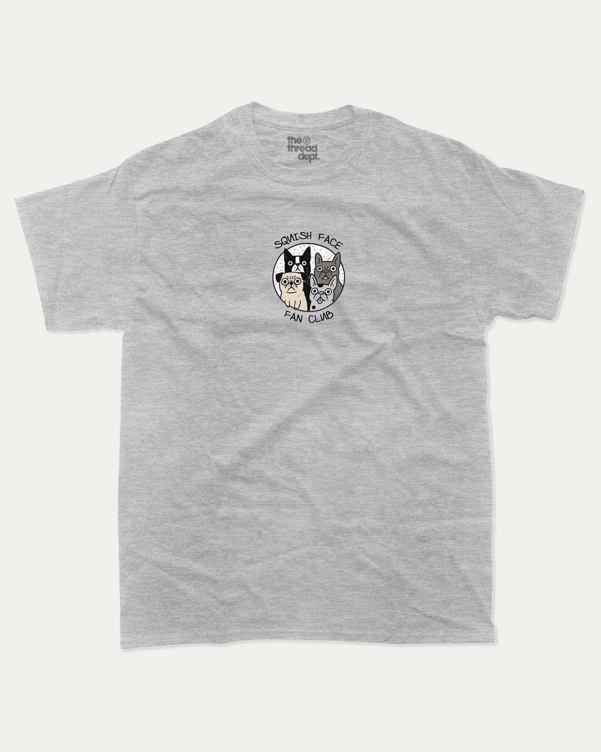 Squish Face Fan Club graphic t-shirt, Cute Dog Graphic T shirt, Pug T shirt, French Bulldog T shirt, Dog lover T shirt,. A must-have funny tee, trending meme shirt, unique gift idea. Heather Grey.