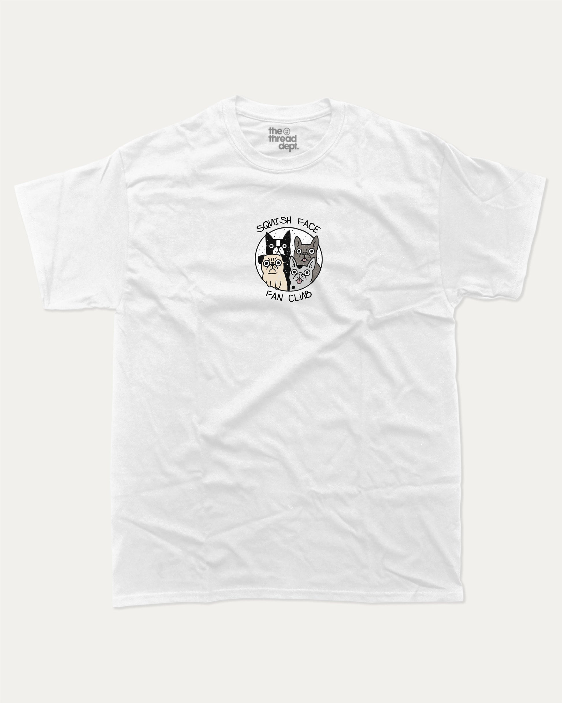 Squish Face Fan Club graphic t-shirt, Cute Dog Graphic T shirt, Pug T shirt, French Bulldog T shirt, Dog lover T shirt,. A must-have funny tee, trending meme shirt, unique gift idea. White.