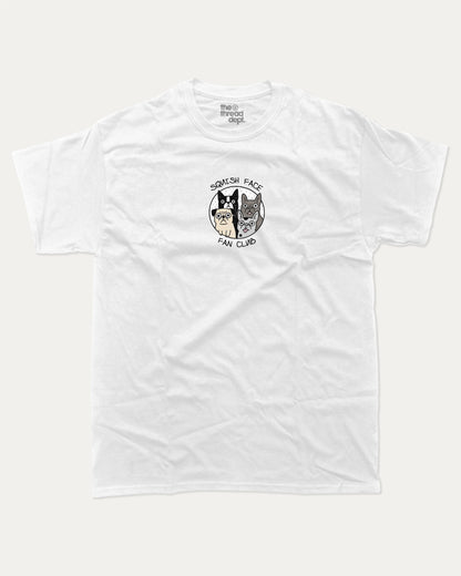 Squish Face Fan Club graphic t-shirt, Cute Dog Graphic T shirt, Pug T shirt, French Bulldog T shirt, Dog lover T shirt,. A must-have funny tee, trending meme shirt, unique gift idea. White.