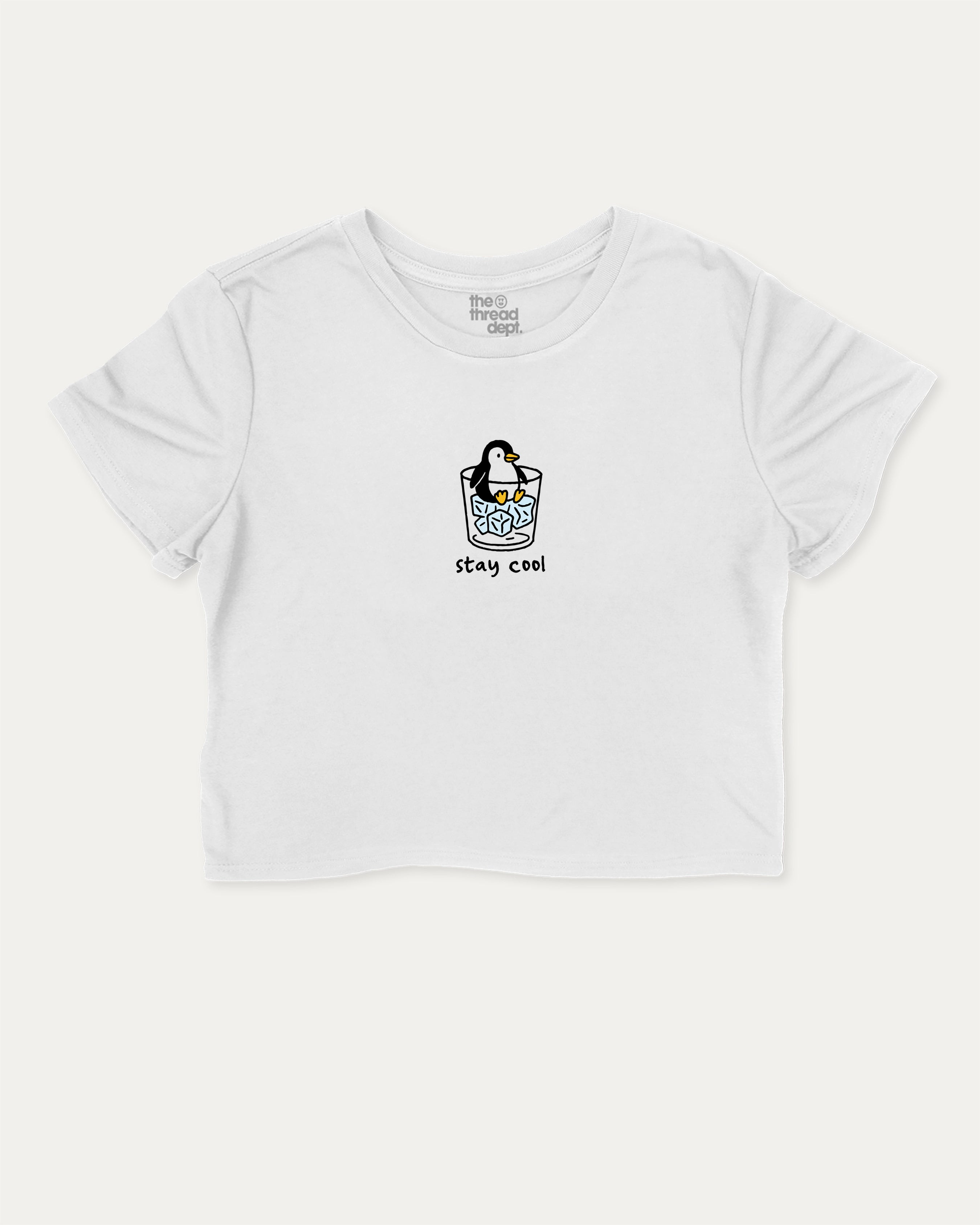 Stay Cool graphic crop tee with funny and trendy slogan print, Cute Funny Animal T shirt, Pun Animal Graphic Tee, perfect for women’s casual looks or layering. White crop t-shirt.