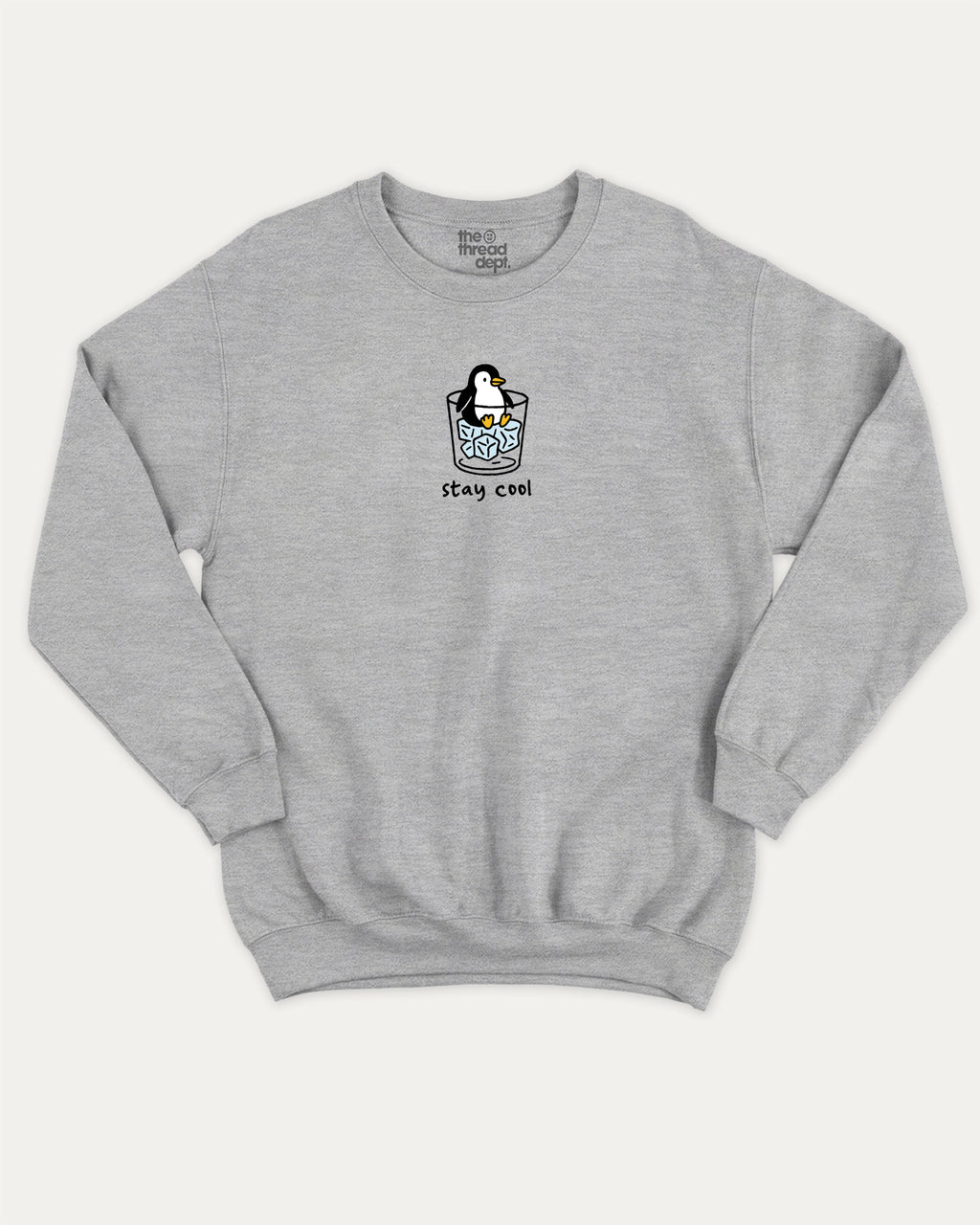 Stay Cool graphic sweatshirt with bold and humorous print, Cute Funny Animal T shirt, Pun Animal Graphic Tee, warm and cozy graphic for everyday wear. Perfect for adults and gift-giving. Heather Grey pullover.