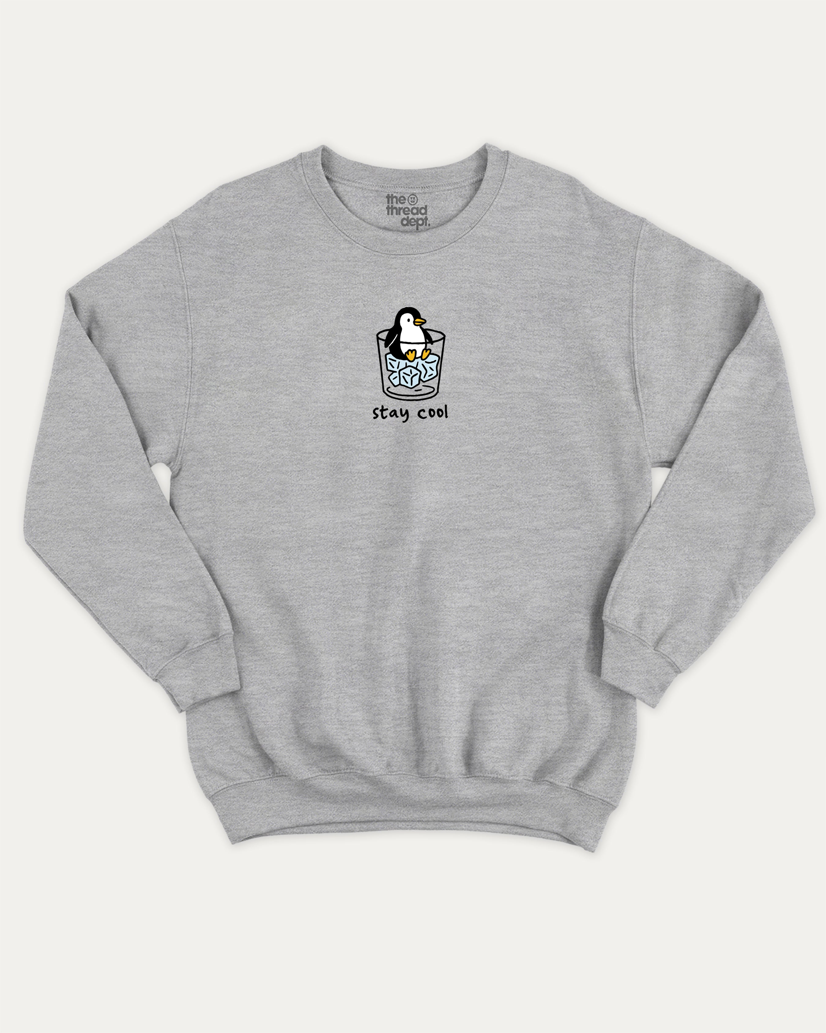 Stay Cool graphic sweatshirt with bold and humorous print, Cute Funny Animal T shirt, Pun Animal Graphic Tee, warm and cozy graphic for everyday wear. Perfect for adults and gift-giving. Heather Grey pullover.
