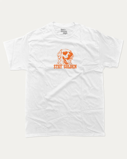 Stay Golden graphic tee with bold and humorous print, funny and trendy graphic. Funny Golden Retriever T shirt, Dog Graphic T shirt, Perfect gift for Dog person,  Perfect for adults and gift-giving. White shirt.