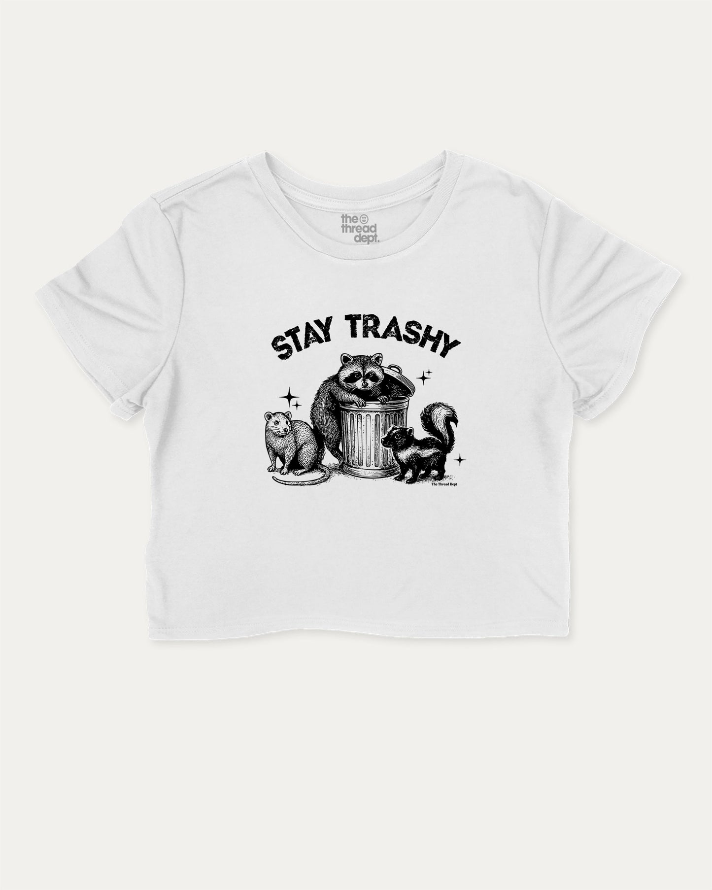 Stay Trashy Squad Team cute and trendy crop tee with nostalgic graphic, perfect for women. A must-have cropped aesthetic shirt, ideal for daily outfits and casual days. White crop tee