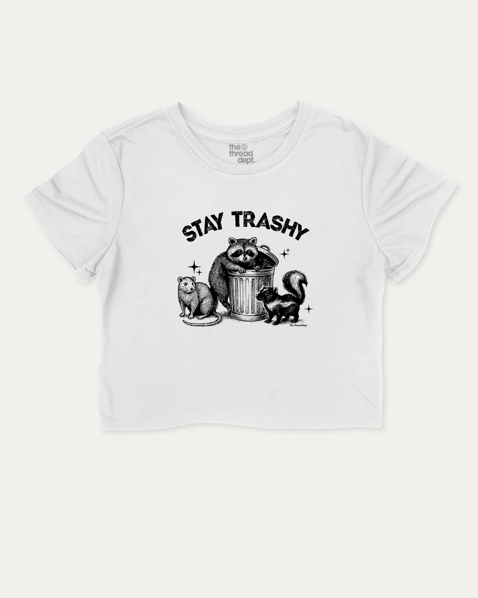 Stay Trashy Squad Team cute and trendy crop tee with nostalgic graphic, perfect for women. A must-have cropped aesthetic shirt, ideal for daily outfits and casual days. White crop tee