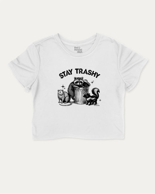 Stay Trashy Squad Team cute and trendy crop tee with nostalgic graphic, perfect for women. A must-have cropped aesthetic shirt, ideal for daily outfits and casual days. White crop tee