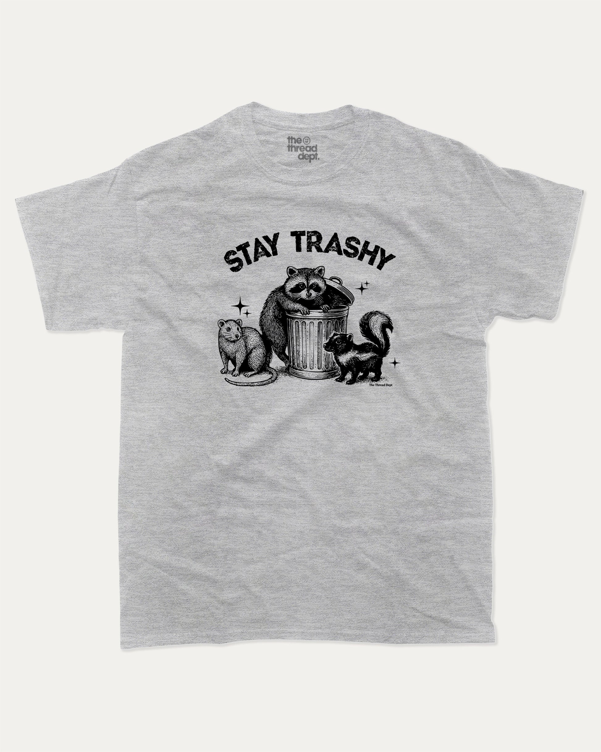 Stay Trashy Squad Team graphic t-shirt, perfect for adults. A must-have funny tee, trending meme shirt, unique gift idea. Heather Grey.