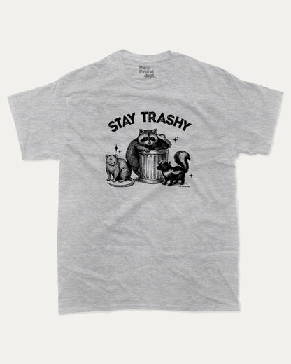 Stay Trashy Squad Team graphic t-shirt, perfect for adults. A must-have funny tee, trending meme shirt, unique gift idea. Heather Grey.