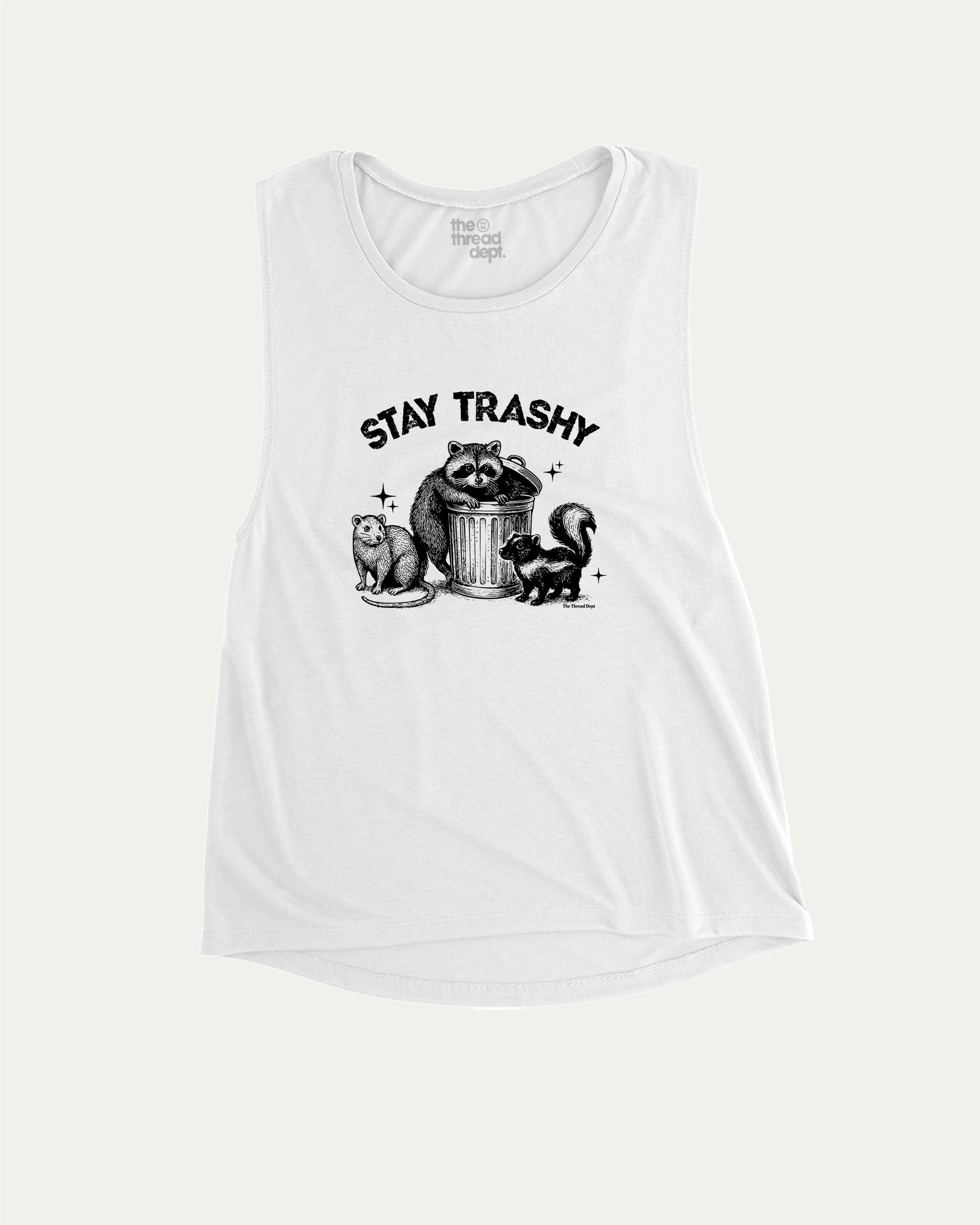 Stay Trashy Squad Team aesthetic women's muscle tank with retro graphic, perfect for confident women. A must-have strong and stylish tank, ideal for workouts or everyday looks. White muscle top