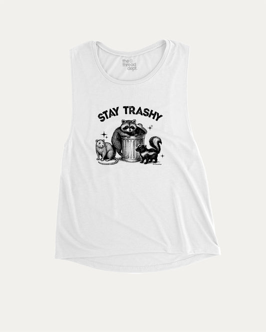 Stay Trashy Squad Team aesthetic women's muscle tank with retro graphic, perfect for confident women. A must-have strong and stylish tank, ideal for workouts or everyday looks. White muscle top