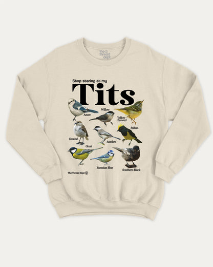 Stop Staring At My Tits graphic sweatshirt with bold and humorous print, Bird Graphic T shirt, Retro Tit Graphic T shirt, Animal Graphic T shirt, warm and cozy graphic for everyday wear. Perfect for adults and gift-giving. Natural pullover.