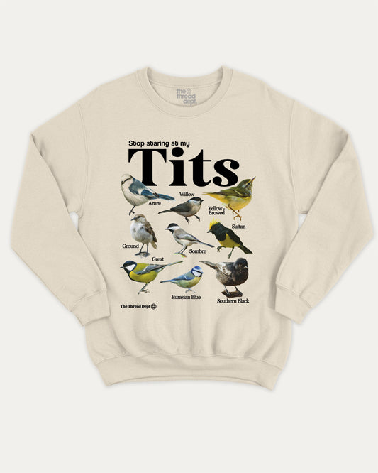 Stop Staring At My Tits graphic sweatshirt with bold and humorous print, Bird Graphic T shirt, Retro Tit Graphic T shirt, Animal Graphic T shirt, warm and cozy graphic for everyday wear. Perfect for adults and gift-giving. Natural pullover.