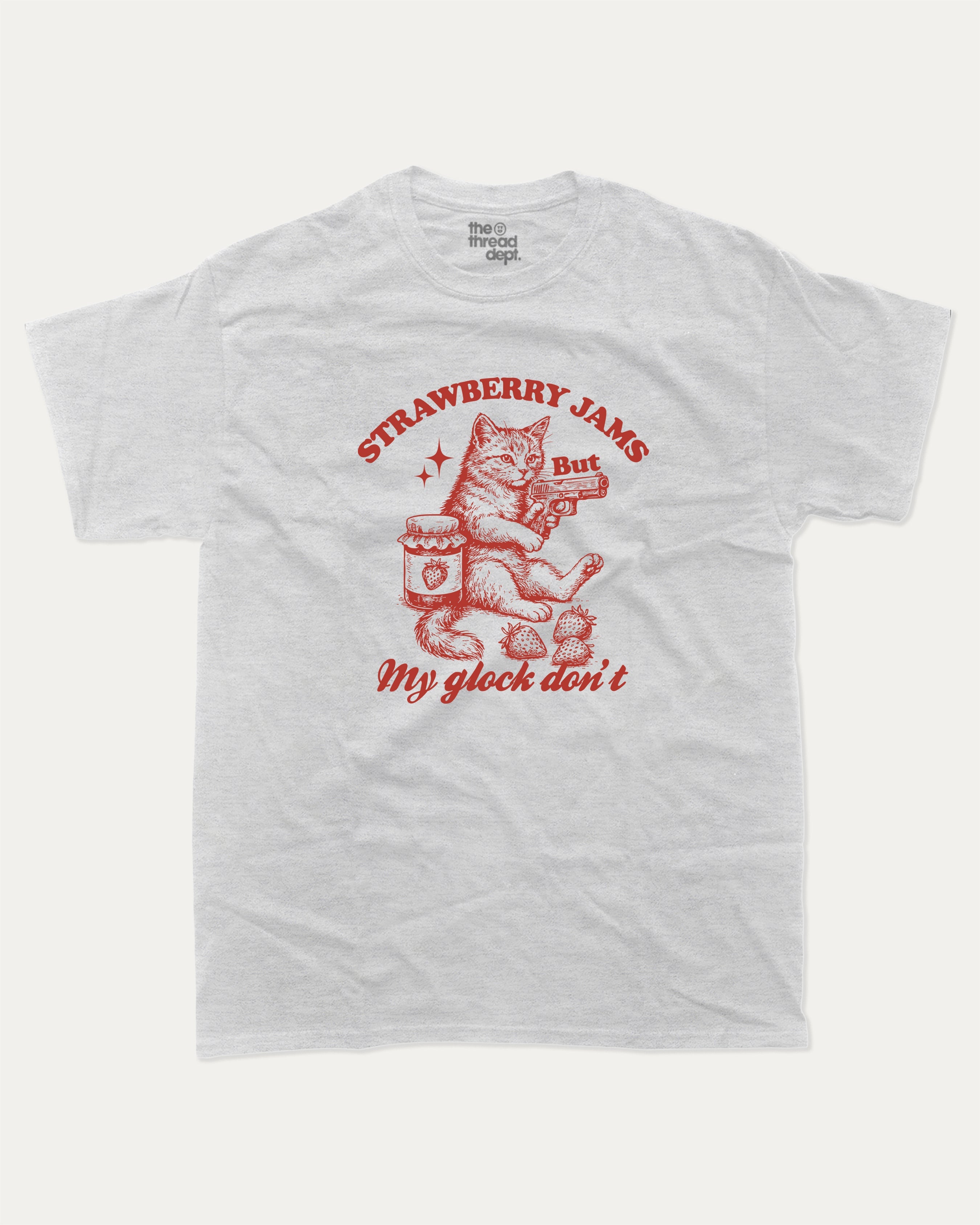 Strawberry Jams graphic tee with bold and humorous print, funny and trendy Animal Lover Graphic T shirt, Cat Lover Tee, Retro Animal Graphic T shirt, Retro Cat Graphic T shirt, Perfect for adults and gift-giving. Ash Grey shirt.