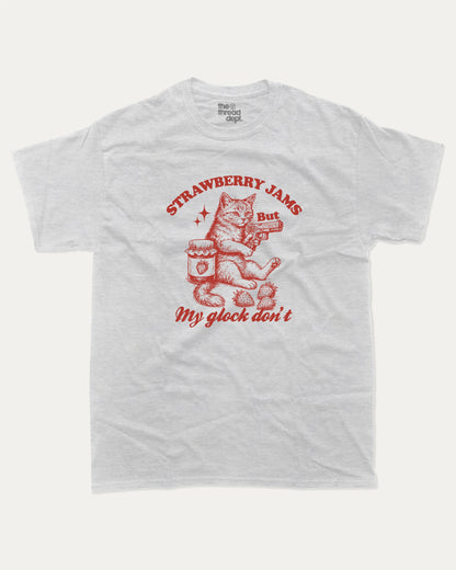 Strawberry Jams graphic tee with bold and humorous print, funny and trendy Animal Lover Graphic T shirt, Cat Lover Tee, Retro Animal Graphic T shirt, Retro Cat Graphic T shirt, Perfect for adults and gift-giving. Ash Grey shirt.