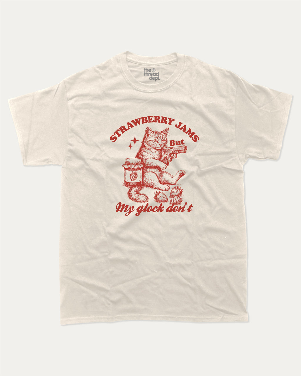 Strawberry Jams graphic tee with bold and humorous print, funny and trendy Animal Lover Graphic T shirt, Cat Lover Tee, Retro Animal Graphic T shirt, Retro Cat Graphic T shirt, Perfect for adults and gift-giving. Cream shirt.