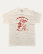 Strawberry Jams graphic tee with bold and humorous print, funny and trendy Animal Lover Graphic T shirt, Cat Lover Tee, Retro Animal Graphic T shirt, Retro Cat Graphic T shirt, Perfect for adults and gift-giving. Cream shirt.