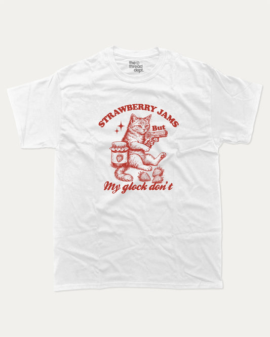 Strawberry Jams graphic tee with bold and humorous print, funny and trendy Animal Lover Graphic T shirt, Cat Lover Tee, Retro Animal Graphic T shirt, Retro Cat Graphic T shirt, Perfect for adults and gift-giving. White shirt.